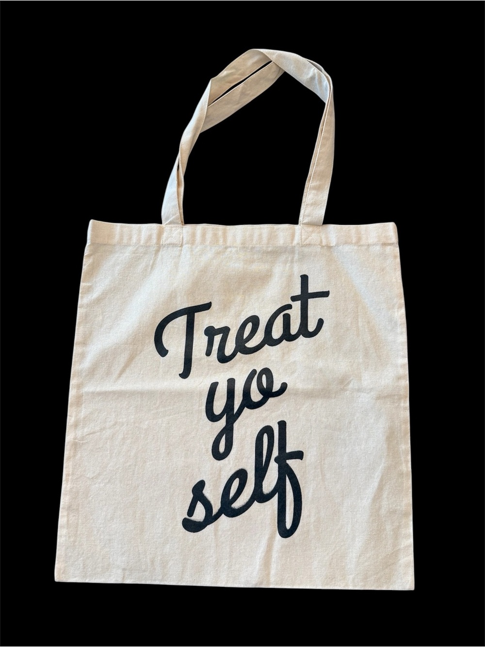 NWOT Canvas Tote Bag with "Treat yo self" Script - Natural & Black